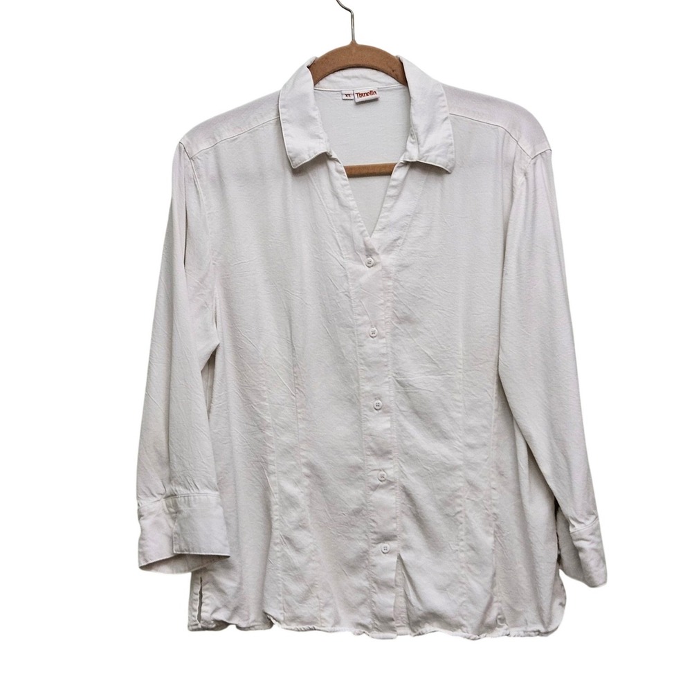 Tianello Suzy Blouse Women XL White Tencel Rayon Button Up 3/4 Sleeve‎ Coastal